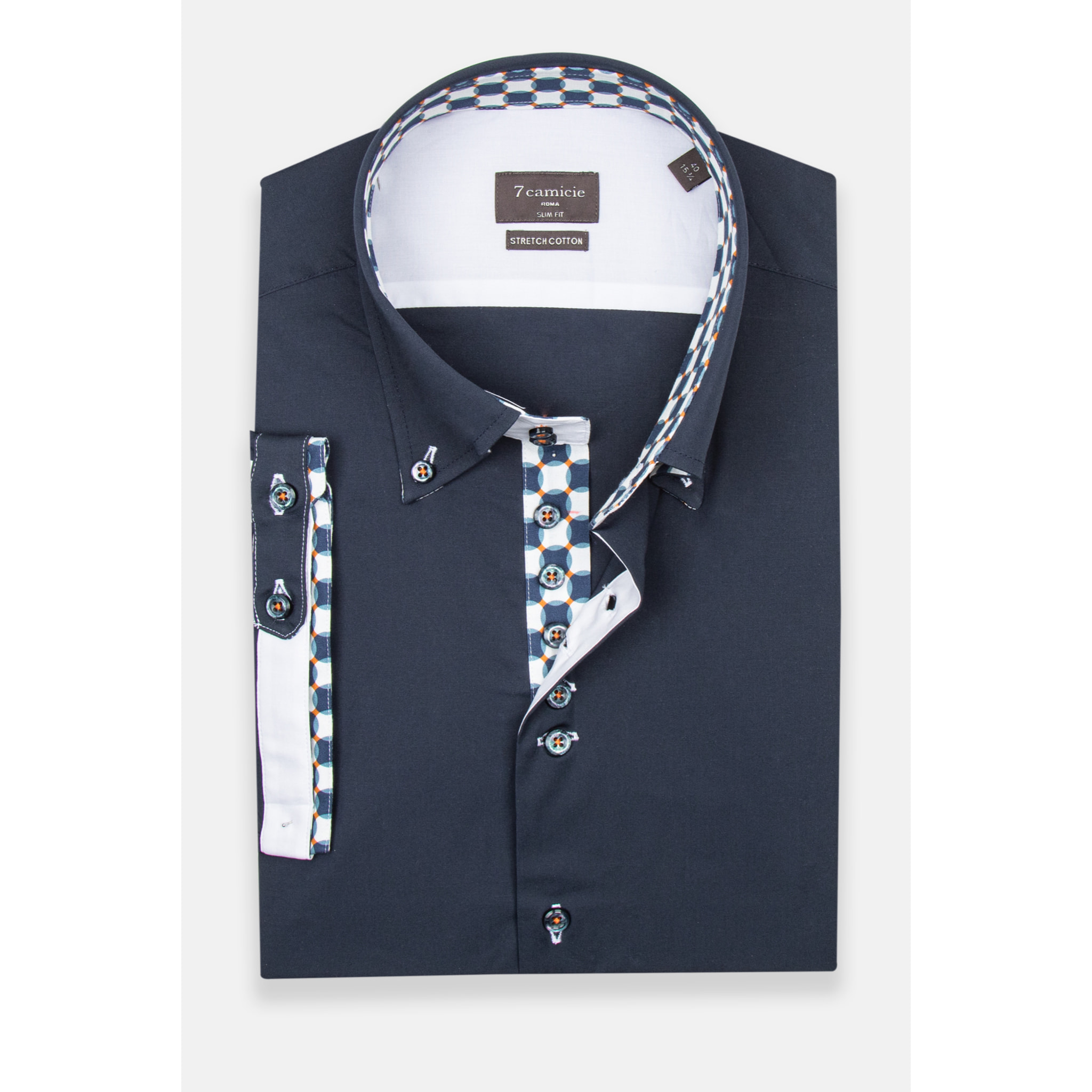 Camicia Uomo Manica Corta 2 Bottoni Button Down 7 Botto Popeline Stretch Unito Blu