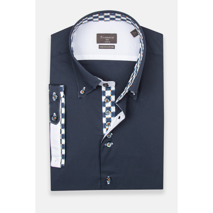 Camicia Uomo Manica Corta 2 Bottoni Button Down 7 Botto Popeline Stretch Unito Blu