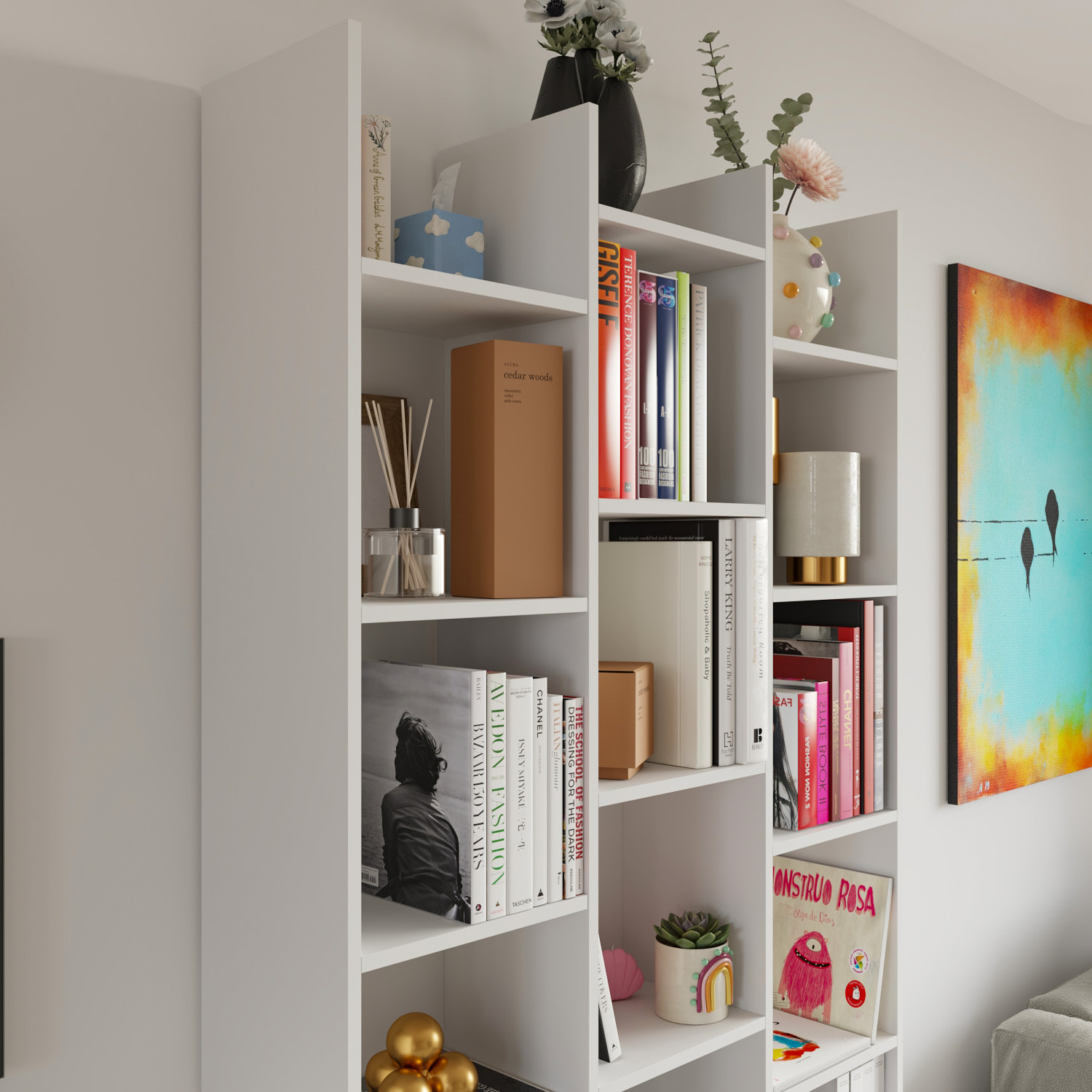 Libreria Marchina Design Cubico Scaffale Mensola Moderna Mobile per Libri con Ripiani per Soggiorno Salotto 192 x 96 x 25 cm Bianco Lucido