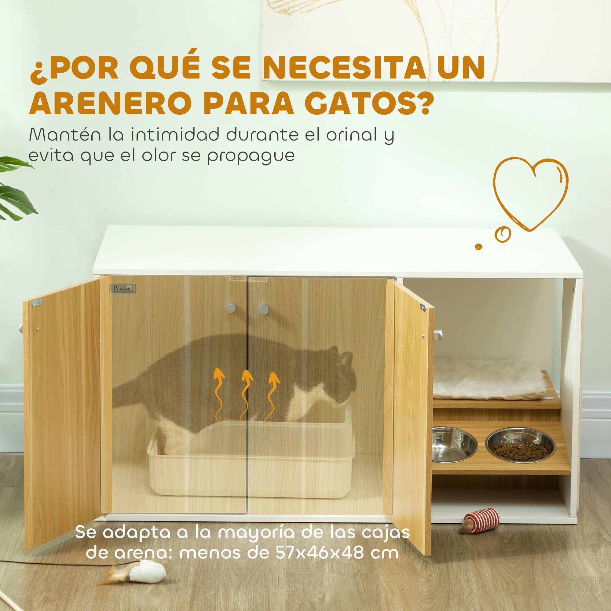 Mueble Arenero para Gatos 3 en 1 Nido Mesa Auxiliar Caja de Arena para Gatos con Puertas Cojín Tazones Estera para Rascar y Compartimento para Salón Dormitorio 95x48x50,5 cm Blanco y Roble