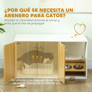 Mueble Arenero para Gatos 3 en 1 Nido Mesa Auxiliar Caja de Arena para Gatos con Puertas Cojín Tazones Estera para Rascar y Compartimento para Salón Dormitorio 95x48x50,5 cm Blanco y Roble