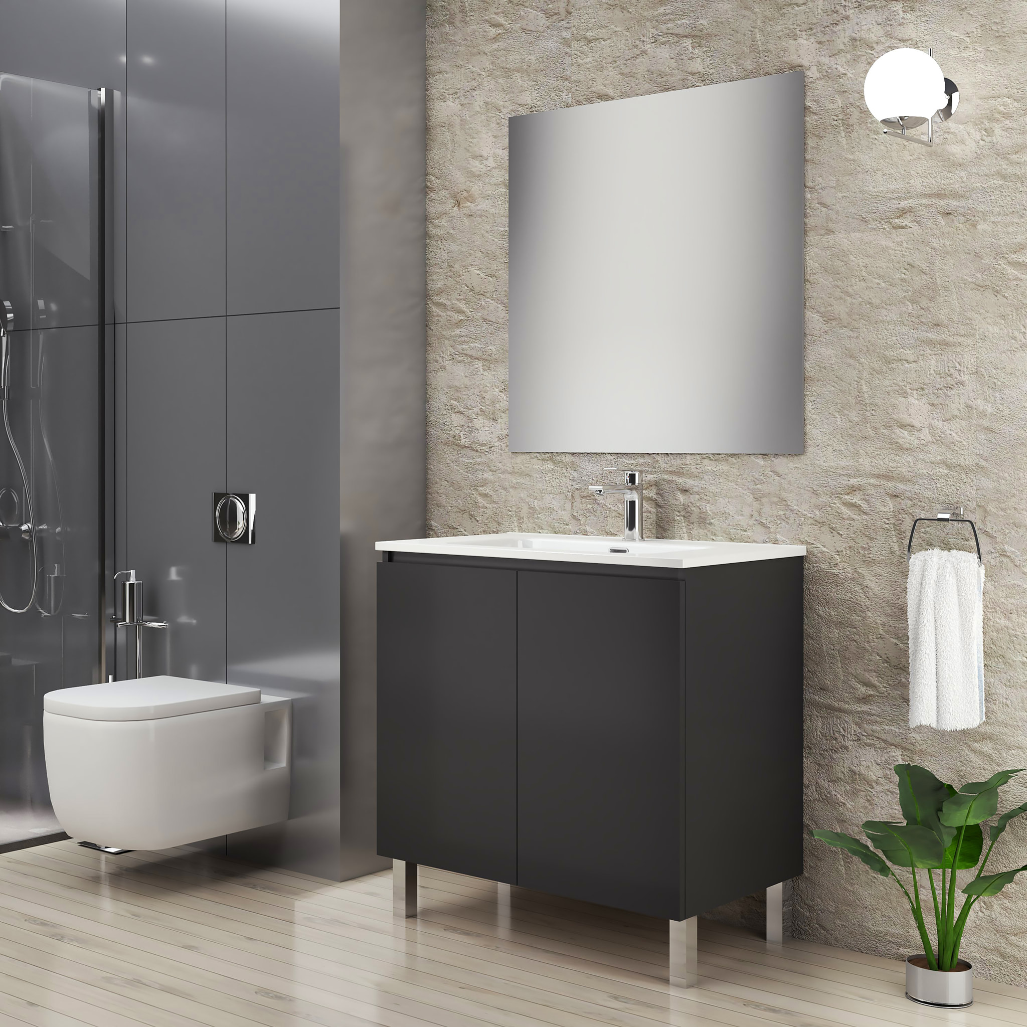 Conjunto de Baño Lust | 80 cm Negro Mate | Dos Puertas | Lavabo Encastrado | No incluye Espejo | Mueble Montado | Alday