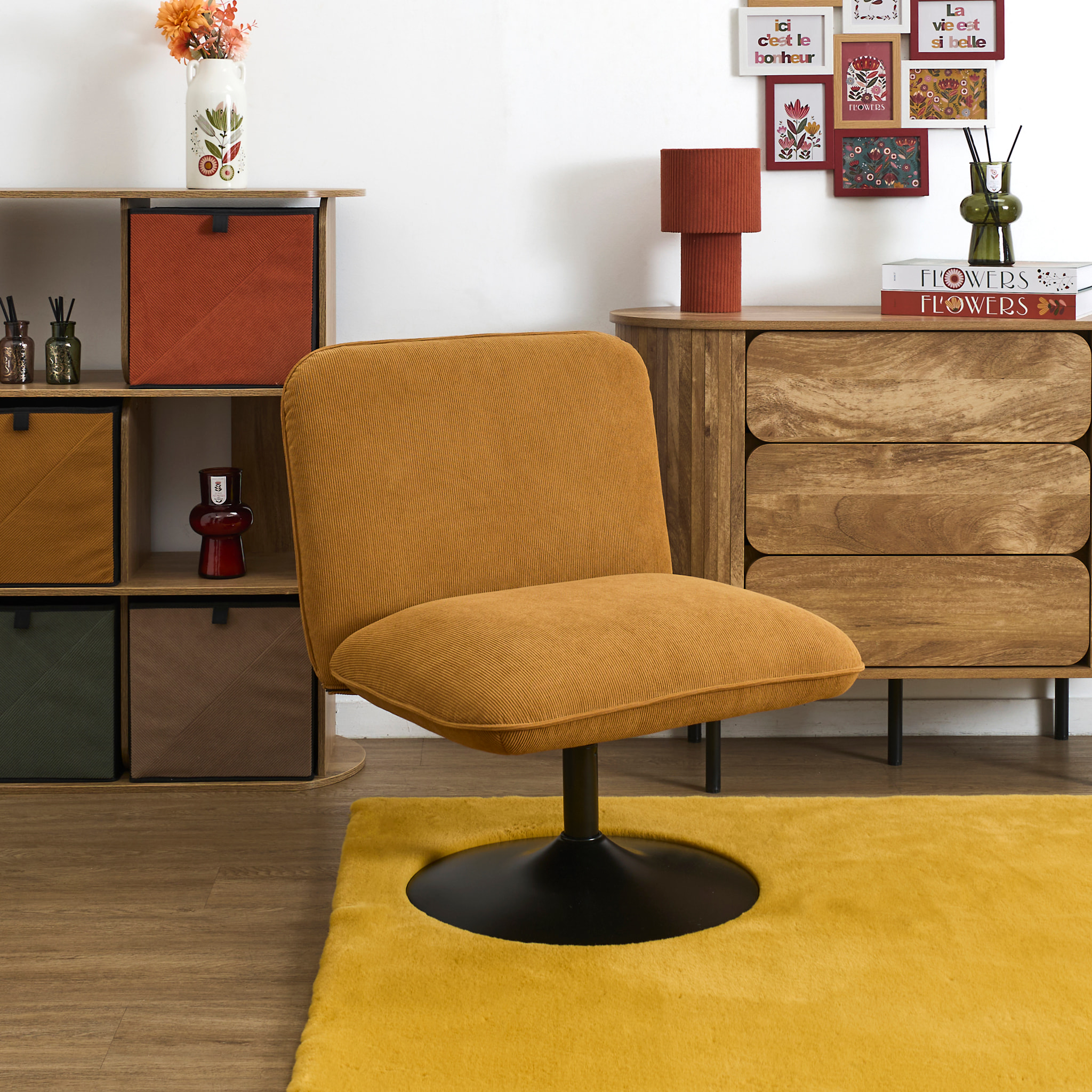 Fauteuil - HOME DECO FACTORY - Jules - Pivotant - Velours Côtelé - Jaune
