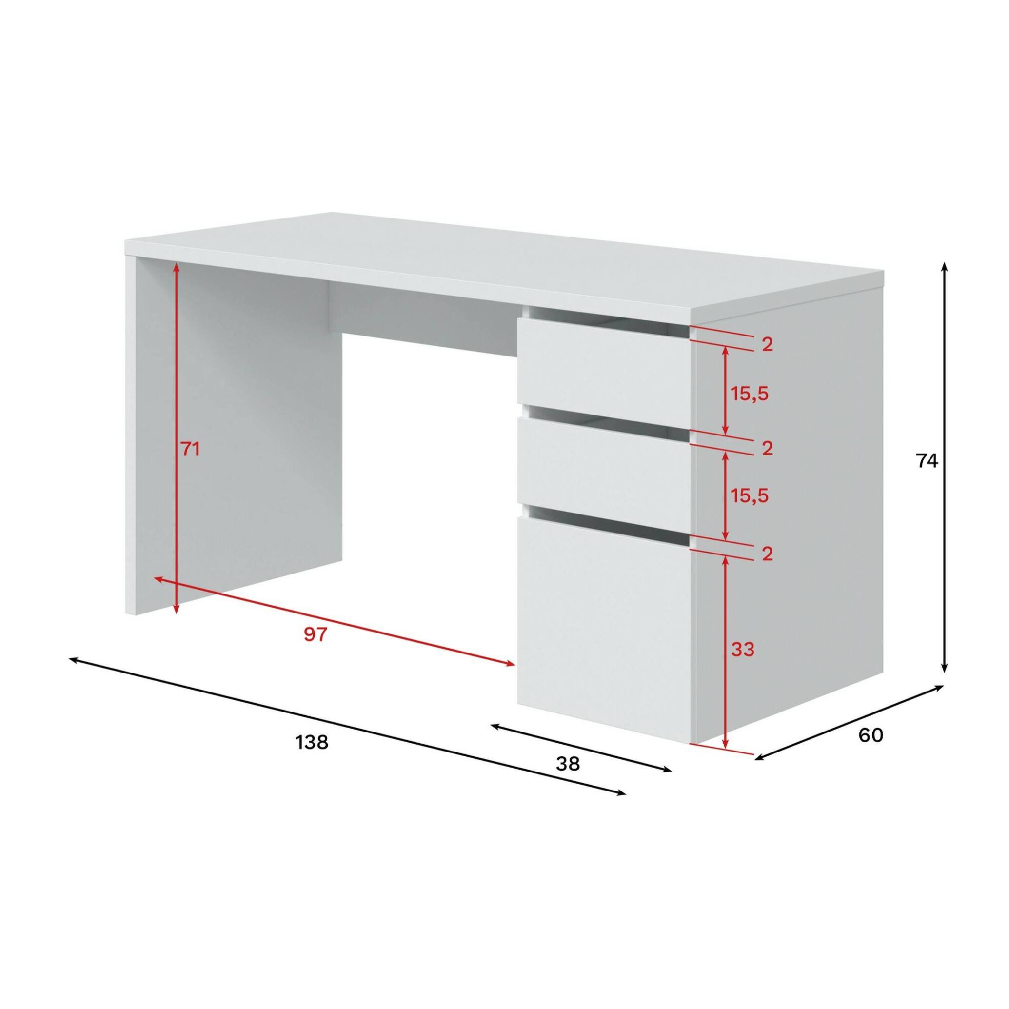 Scrivania Reedsport, Scrittoio reversibile con 3 cassetti, Tavolo ufficio salvaspazio multiposizione, 138x60h74 cm, Bianco