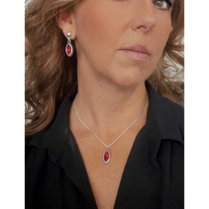 Conjunto colgante y pendientes de lagrá­ma en zamak chapado plata de ley y cristal facetado en rojo