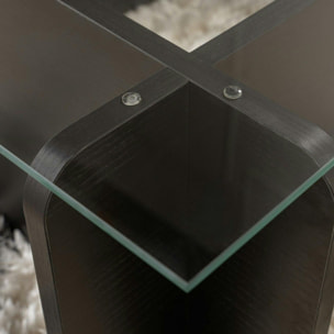 Table basse verre déstructurée – base effet bois noir SALTA