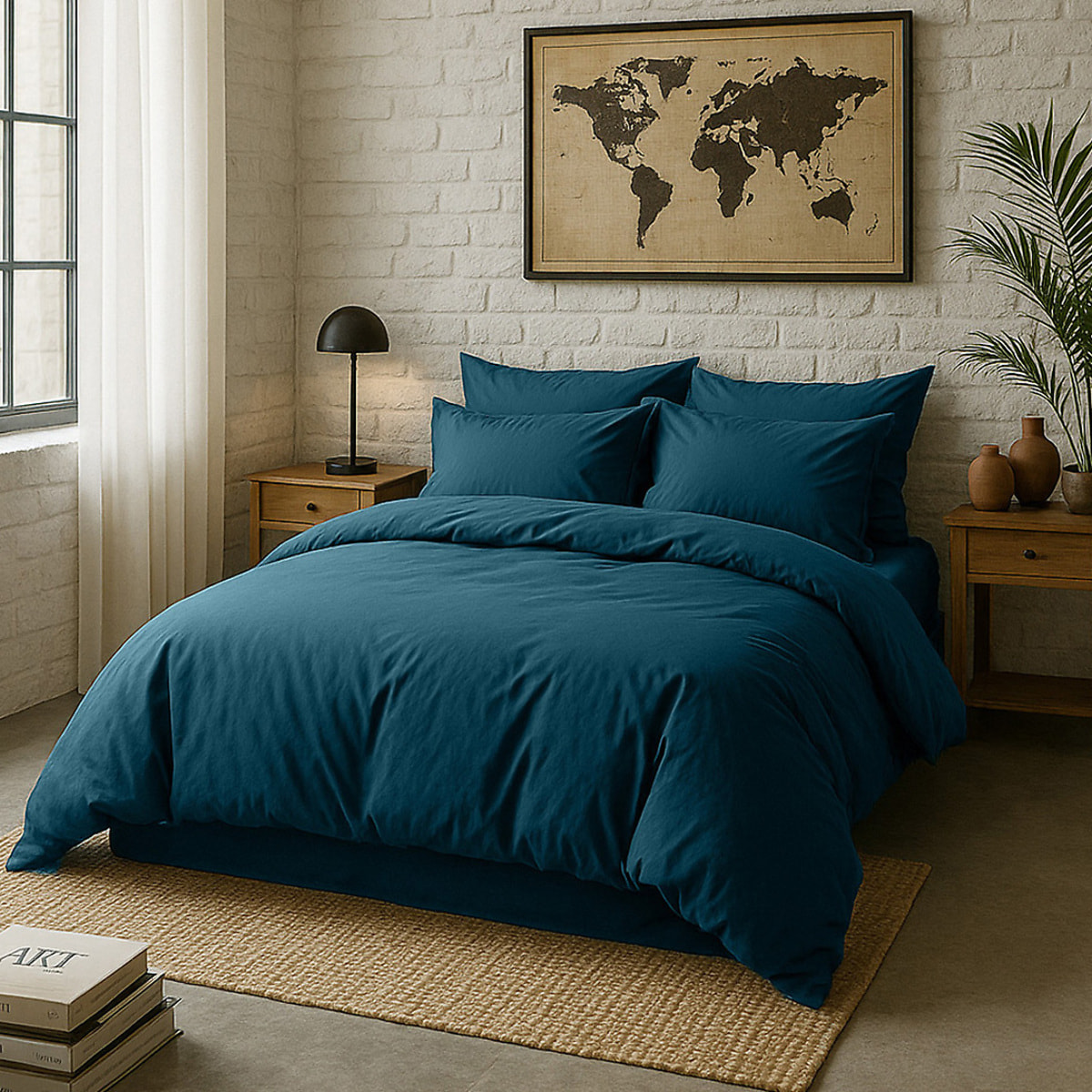 Paire de Taies D'oreiller Avec Volant 100% Percale De Coton Lavé Bleu Impérial