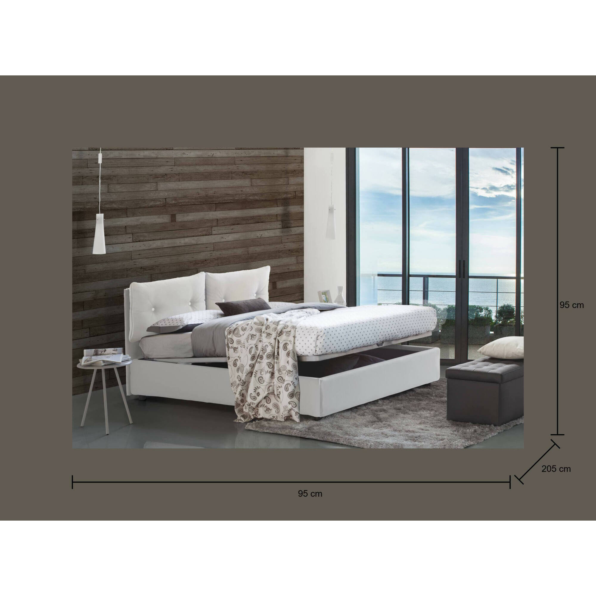 Letto singolo Chantal, Letto contenitore con rivestimento in ecopelle, 100% Made in Italy, Apertura frontale, con materasso Cm 80x190 incluso, Bianco