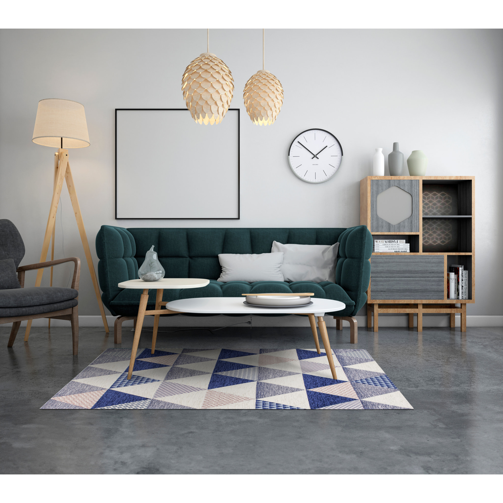 TAPPETO ARREDO TRIANGOLI BLU MARE CON FONDO ANTISCIVOLO