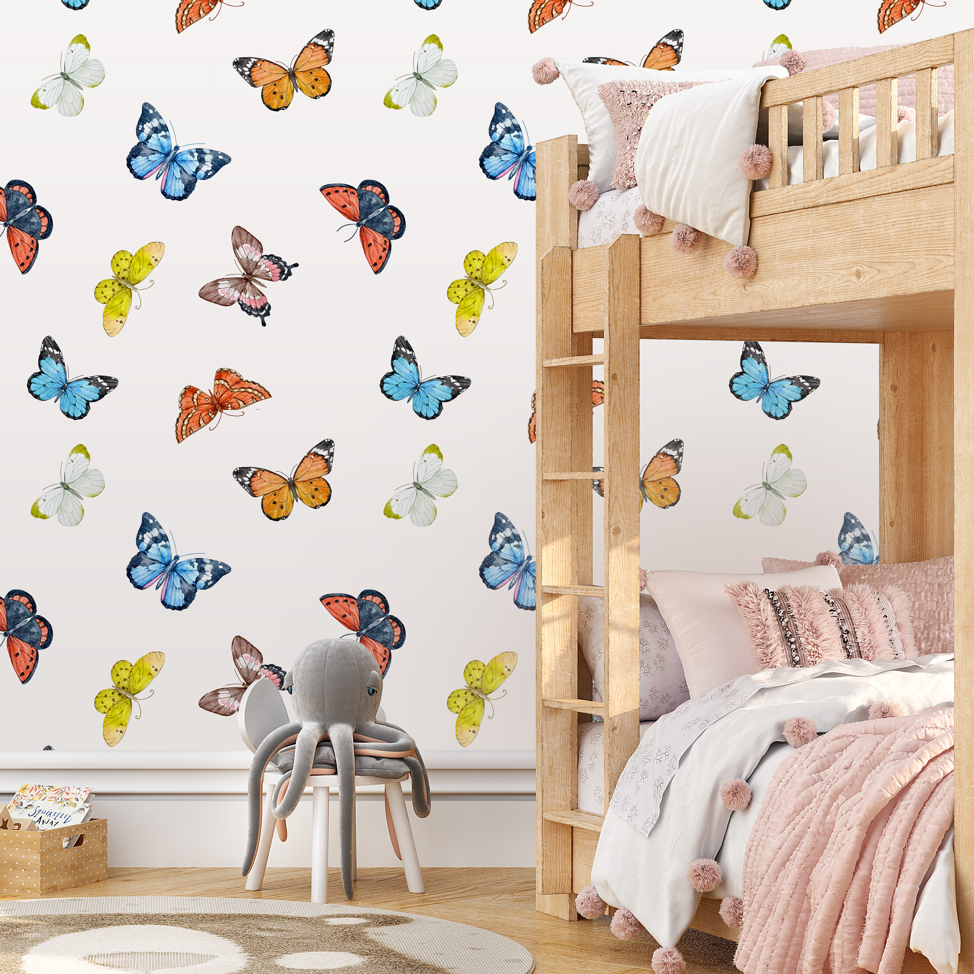 Papel pintado CERAMIKO, Mariposas con fondo blanco 65x300 cm