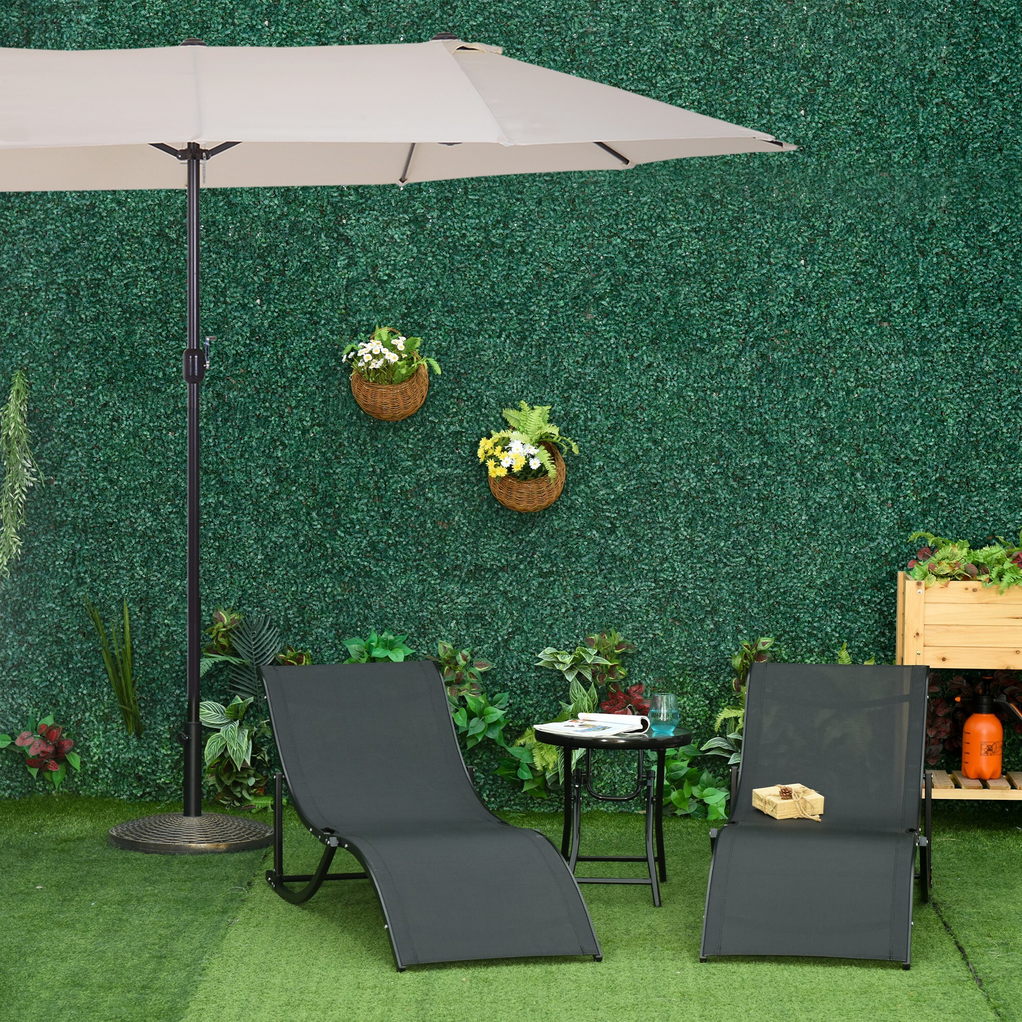 Conjunto de Sombrilla Doble y 2 Tumbonas Plegables en Forma de S para Piscina Patio Jardín Terraza 4,55x2,65x2,38 m 165x61x63 cm Beige y Negro