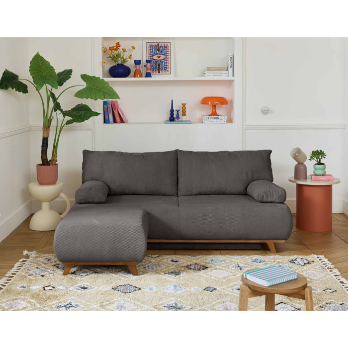 Cristal - canapé 3 places - convertible avec coffre et pouf - en velours texturé - Gris foncé