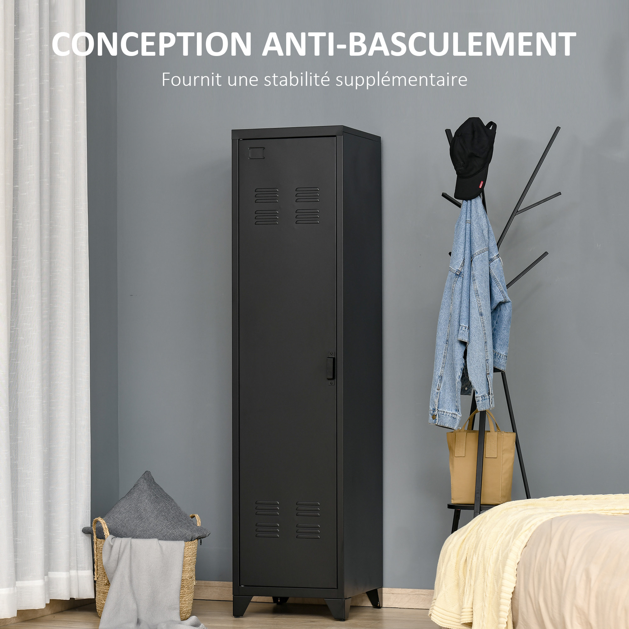 Armoire vestiaire métal design industriel - barre penderie, 3 étagères - dim. 43L x 50l x 180H cm - métal noir