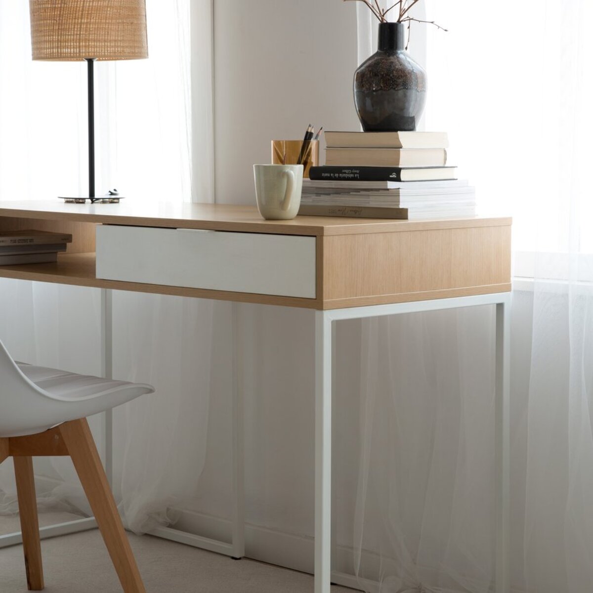 Bureau Gauguin -tableau technique stratifié-couleur chêne clair/blanc 120 x 78 x 50 cm