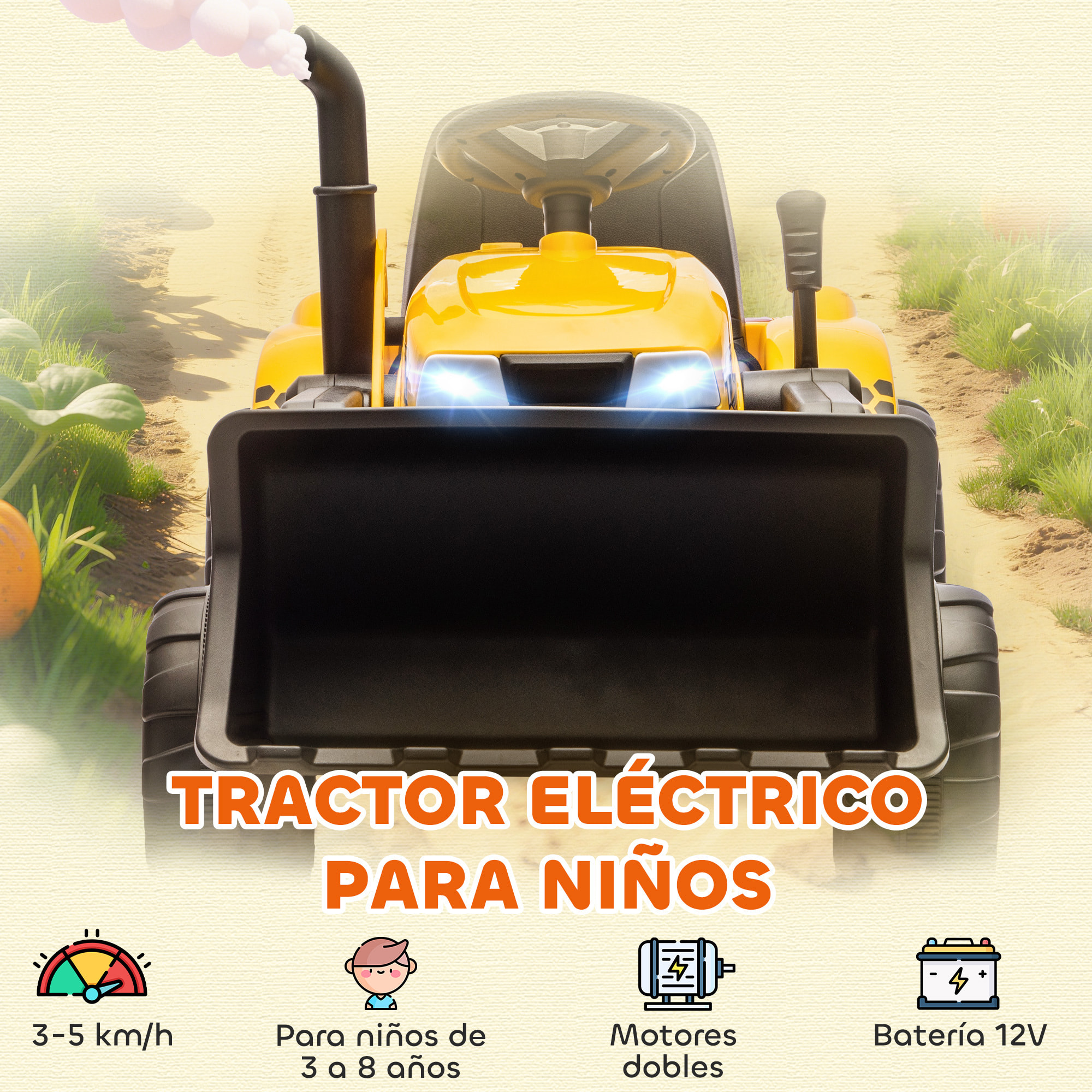 Tractor Eléctrico para Niños con Remolque Desmontable y Pala, Tractor de Juguete de Batería 12V, Motor Doble, Control Remoto 2,4G, Luces, Música, Conexión Inalámbrica, USB para Niños +3 Años