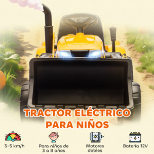 Tractor Eléctrico para Niños con Remolque Desmontable y Pala, Tractor de Juguete de Batería 12V, Motor Doble, Control Remoto 2,4G, Luces, Música, Conexión Inalámbrica, USB para Niños +3 Años