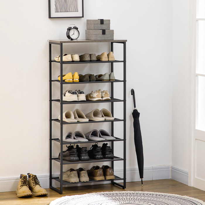 Etagère à chaussures 7 niveaux - rack à chaussures 7 étagères et plateau - acier noir aspect bois gris