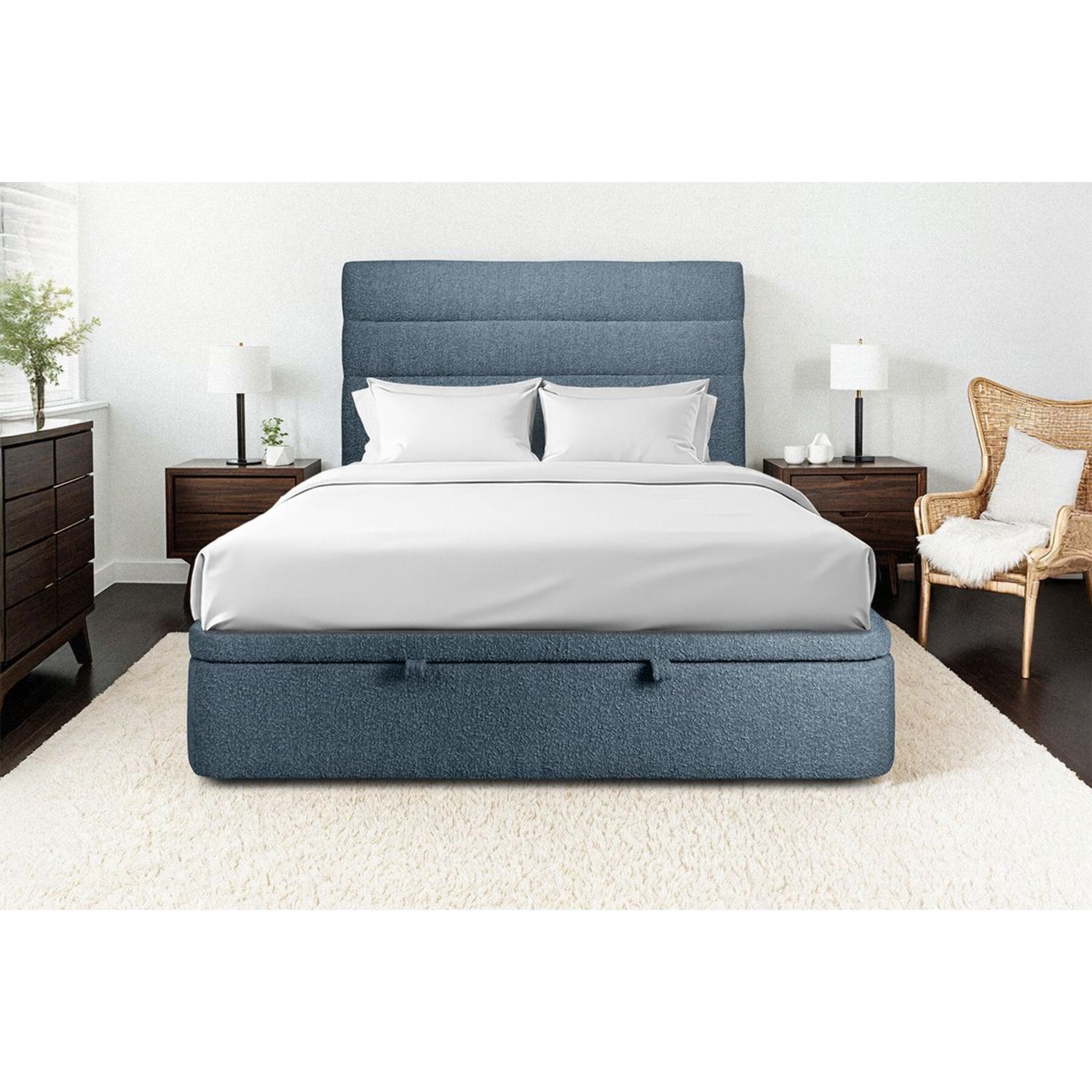Lit avec sommier et tête de lit à lignes - Tissu bouclette au style tendance - Adapté à tous les matelas, montage rapide - Rangement XXL - Hauteur Totale : 39cm