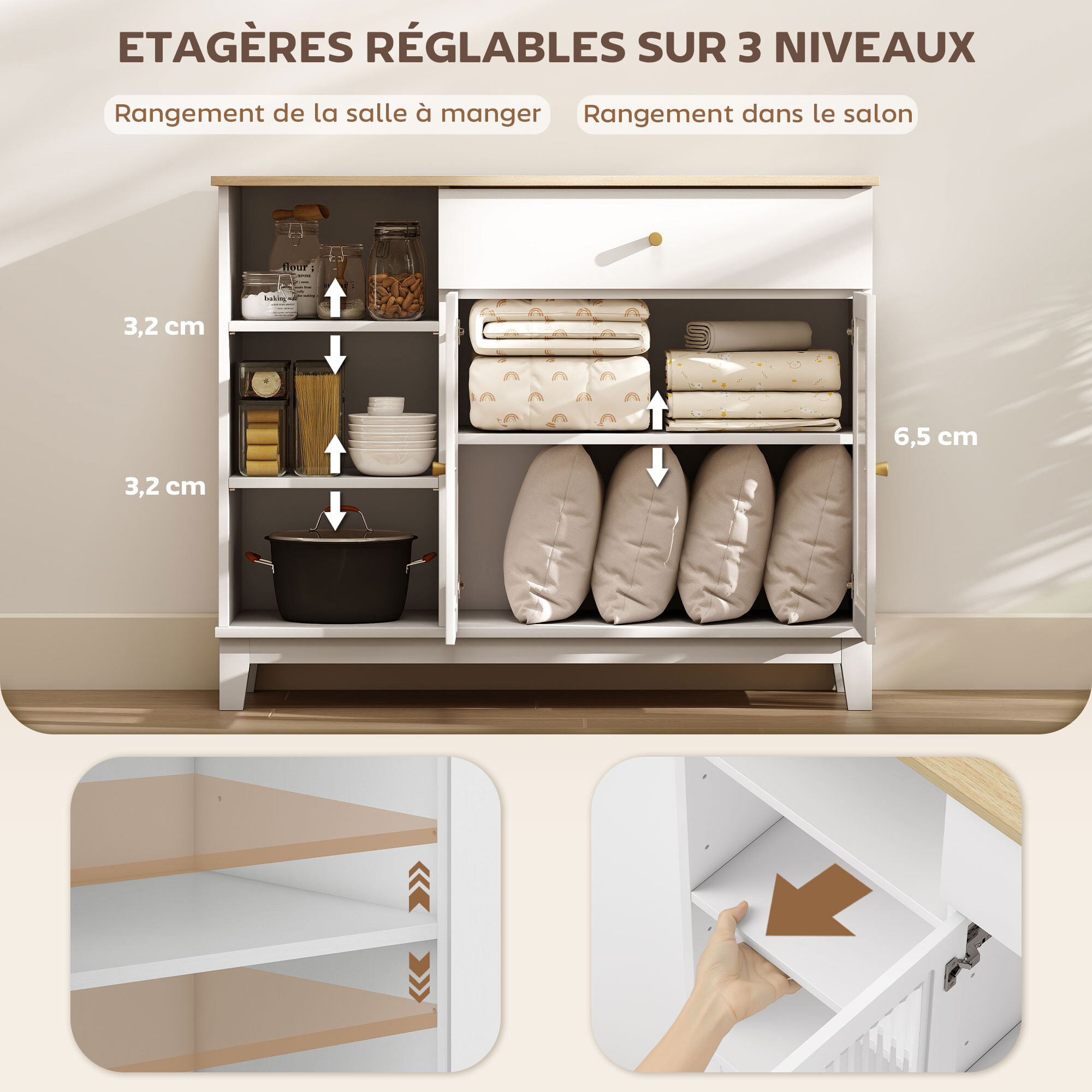 Buffet 2 portes verre effet cannelé étagère tiroir 3 niches dim. 100 x 35 x 80,3 cm blanc effet bois clair