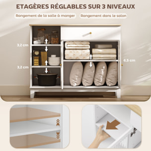 Buffet 2 portes verre effet cannelé étagère tiroir 3 niches dim. 100 x 35 x 80,3 cm blanc effet bois clair