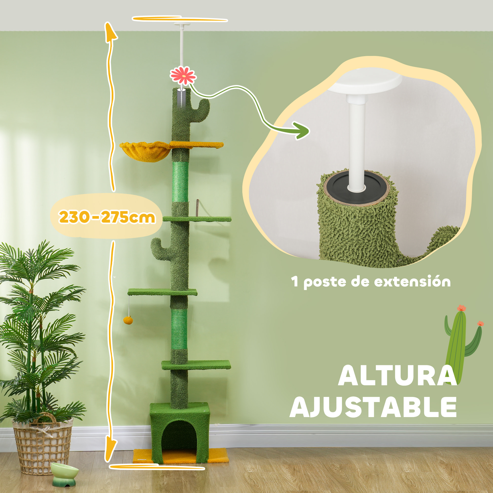 Árbol para Gatos de Suelo a Techo de 230-275 cm, Torre para Gatos con Altura Ajustable, Plataformas, Cueva, Hamaca, Postes de Sisal y Bola de Juguete, Verde