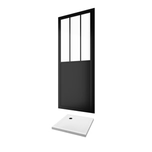Pack Porte de Douche Atelier Pivotante Noire 80x200 cm et Receveur Blanc Effet Pierre 80x80x4 cm