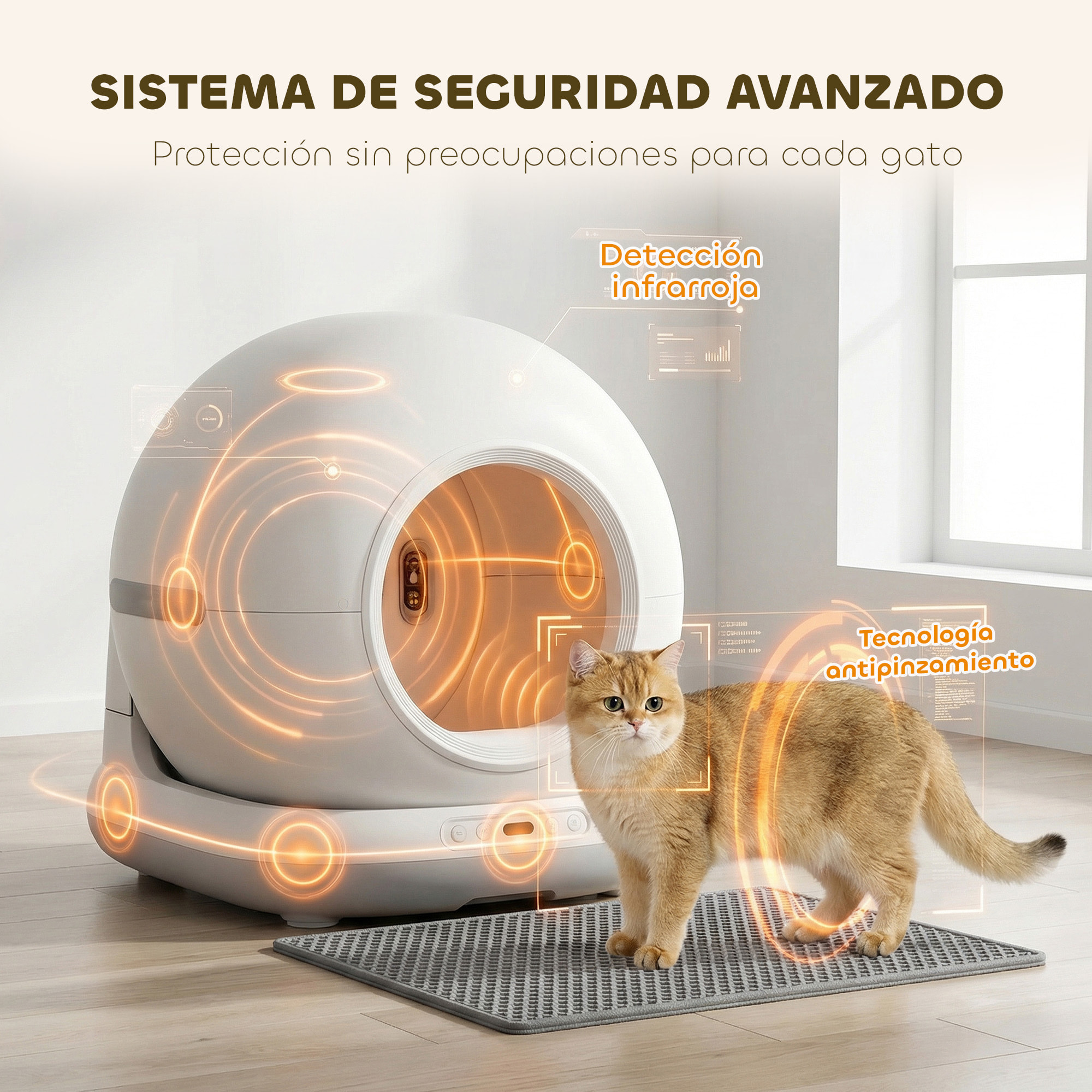 Arenero Gatos Autolimpiable 72L, Extragrande, Arenero Autolimpiable, Control por APP, Control de Olores y Ruido, Sensores de Seguridad, Gel Desodorante, Alfombrilla y Bolsas de Basura