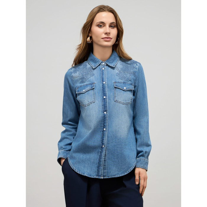 Oltre - Camisa vaquera lavada a la piedra - Light - blue