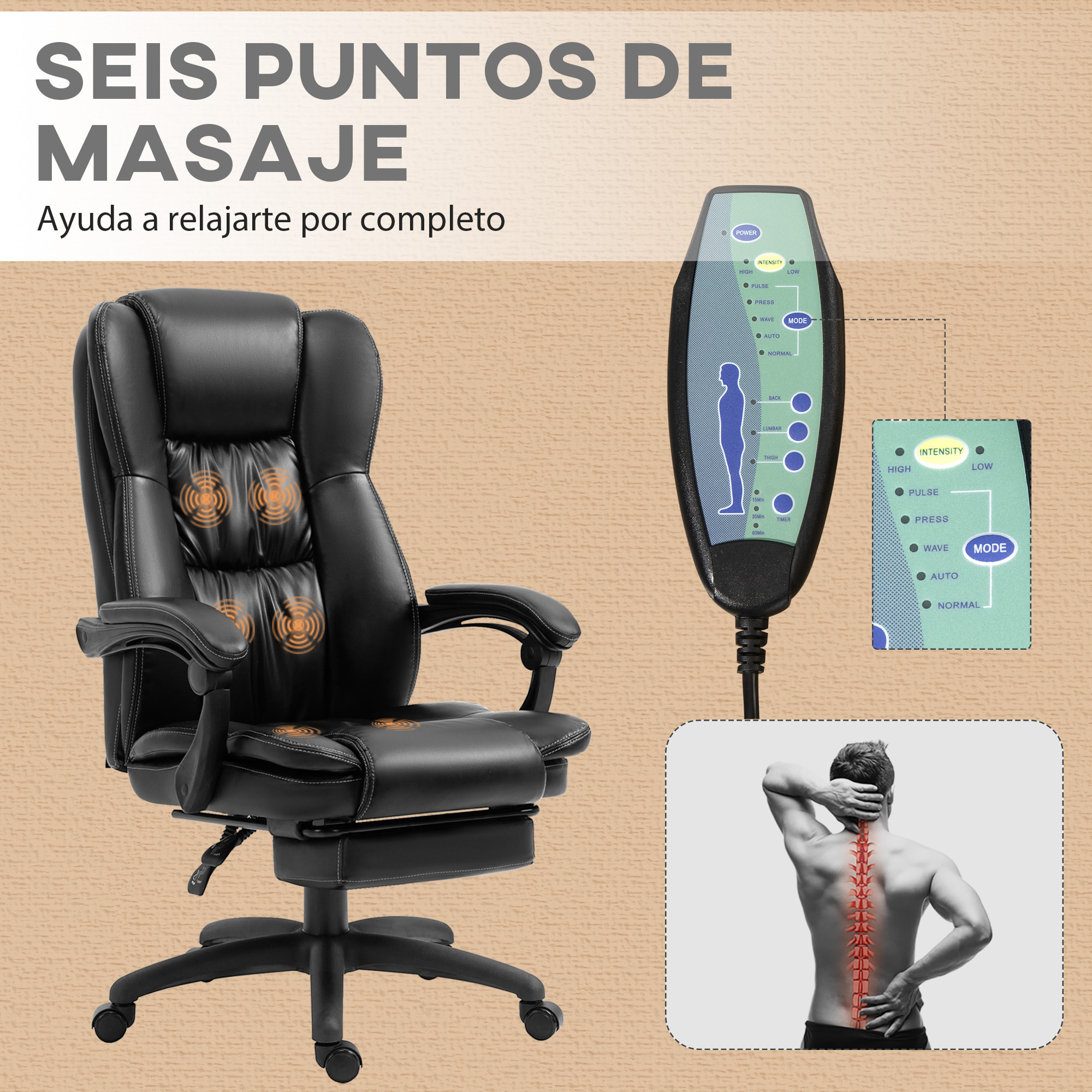 Conjunto de Oficina Incluye 1 Silla de Masaje Reclinable con 6 Puntos de Masaje 68,5x68,5x113-121 cm y 1 Alfombra Protectora de Suelo 90x120 cm Negro y Transparente