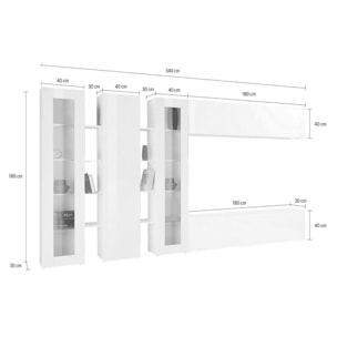 Parete attrezzata Clemente, Set salotto porta TV a 5 ante, Mobile soggiorno multiuso, 100% Made in Italy, cm 340x30h180, Bianco lucido