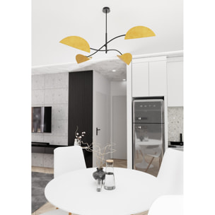 Lampada a sospensione Lotus in acciaio nero e velluto senape