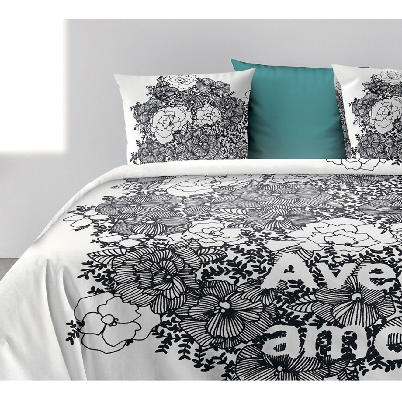 Parure De Couette 3pcs avec Taies oreiller 100% Coton Bio 47 Fils/cm2- Avec Amour