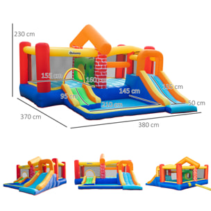 Castillo Hinchable con 2 Toboganes 2 Camas de Salto y Piscina para Niños +3 Años Incluye Inflador y Bolsa de Transporte para Interior Exterior 380x370x230 cm Multicolor