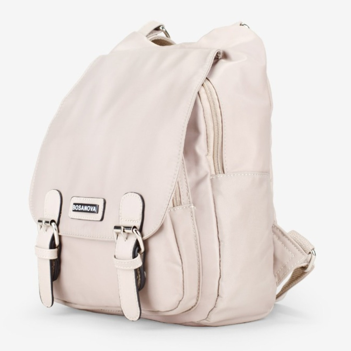 Mochila casual beige con solapa y hebillas