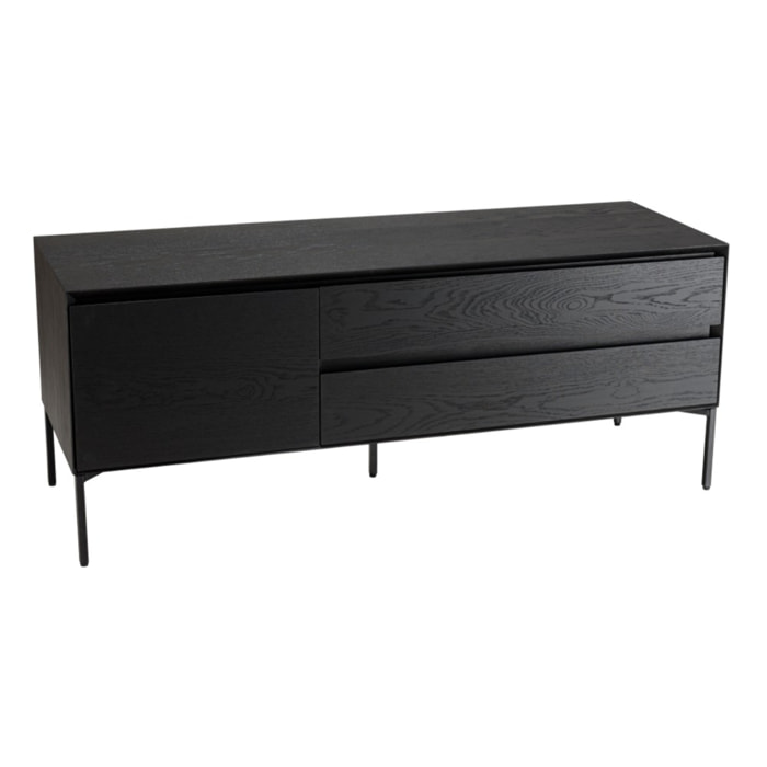 MAXENDRE - Meuble TV noir 1 porte 2 tiroirs pieds métal noir