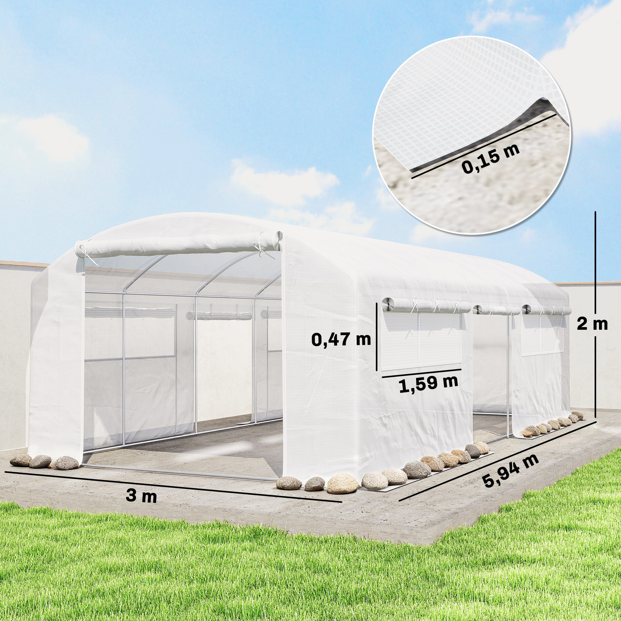 Invernadero de Exterior 6x3x2 m, Invernadero de Túnel con 3 Puertas Enrollables, Ventanas de Malla, Cubierta PE 140g/m² Anti-UV y Marco de Acero Galvanizado, para Cultivos, Plantas, Blanco
