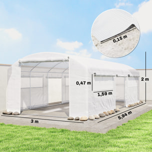 Invernadero de Exterior 6x3x2 m, Invernadero de Túnel con 3 Puertas Enrollables, Ventanas de Malla, Cubierta PE 140g/m² Anti-UV y Marco de Acero Galvanizado, para Cultivos, Plantas, Blanco