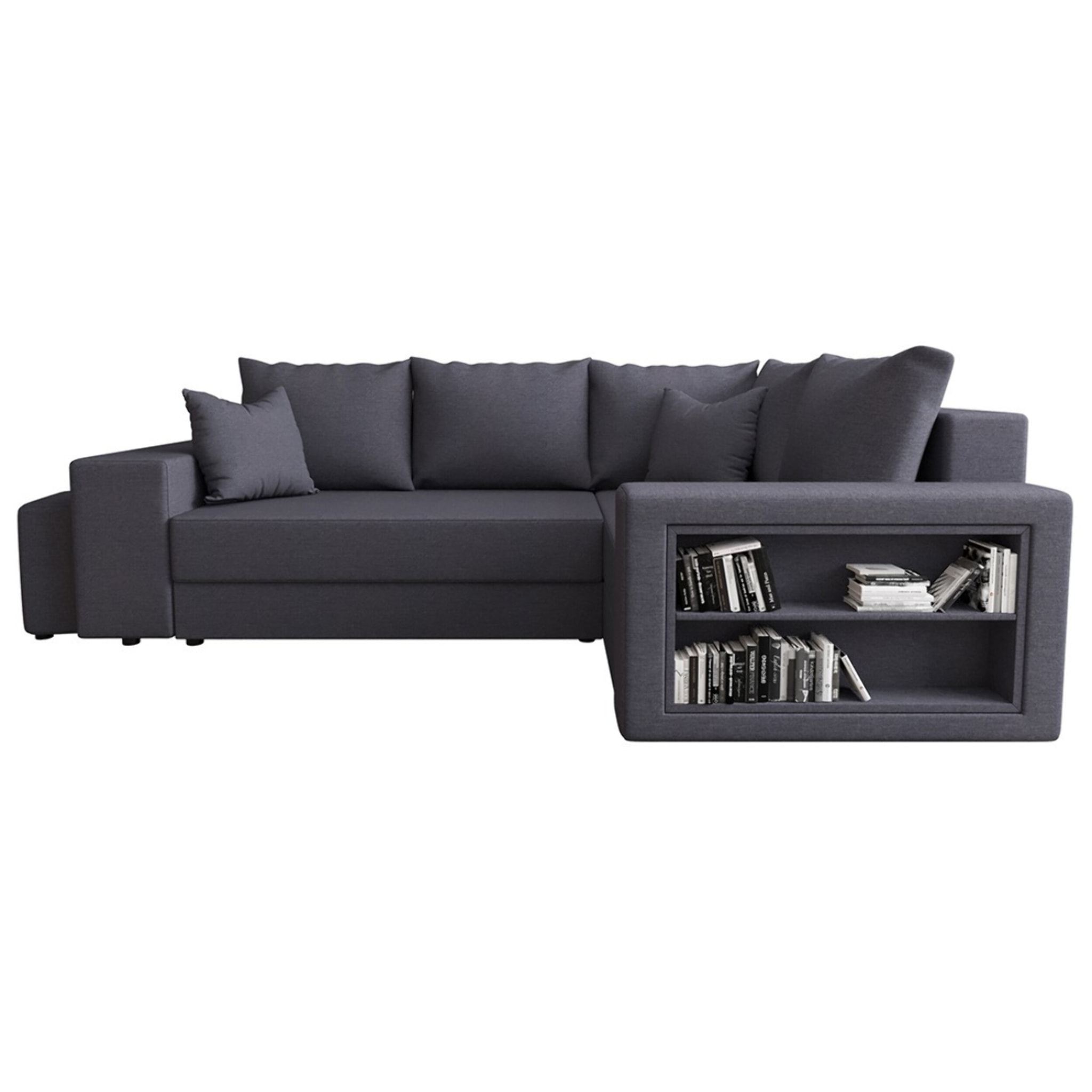 Libbie - Canapé d'angle droit 4 places convertible avec coffre, étagère et poufs en tissu - Gris foncé