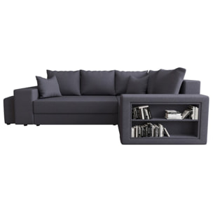 Libbie - Canapé d'angle droit 4 places convertible avec coffre, étagère et poufs en tissu - Gris foncé