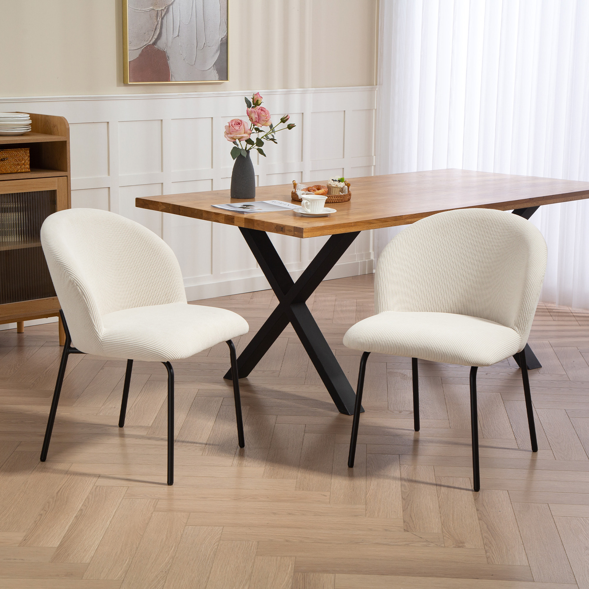 Lot de 2 chaises de salle à manger velours côtelé crème piètement acier noir