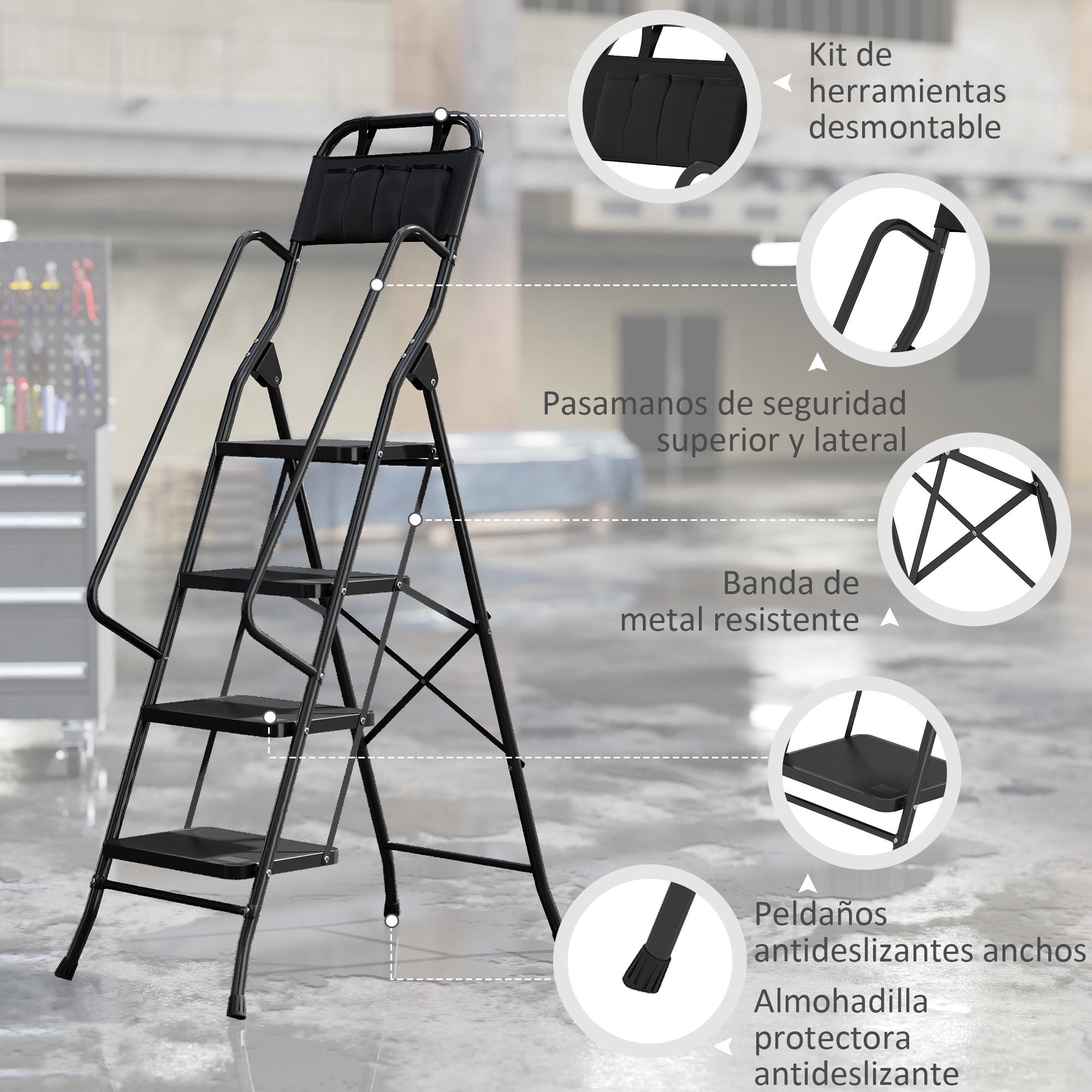 Escalera Plegable de 4 Peldaños con Bolsa de Herramientas, Escalera de Tijera, Carga 150 kg, con Peldaños Anchos Antideslizantes, Bloqueo de Seguridad, Apoyabrazos, Negro
