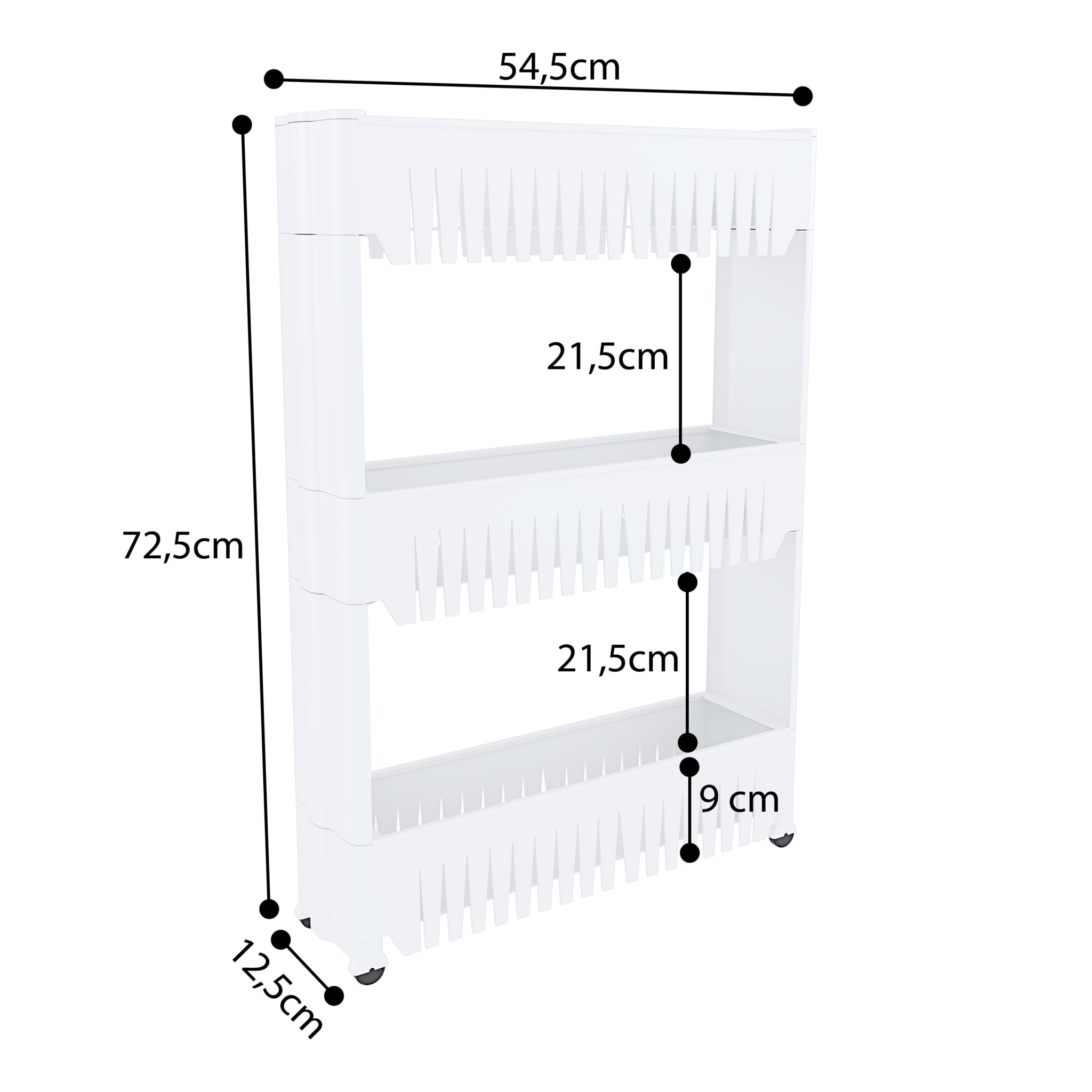Carrello Da Cucina Salvaspazio Carrellino Portaoggetti Con Rotelle Ruote 3 Ripiani Dispensa Bagno Fino a 2.5 Kg Per Ripiano 72 x 12,5 x 54 cm Bianco