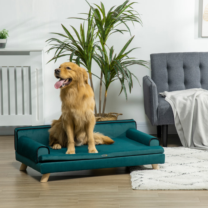 Canapé chien lit pour chien design scandinave coussin moelleux piètement bois dim. 100L x 62l x 32H cm polyester bleu canard