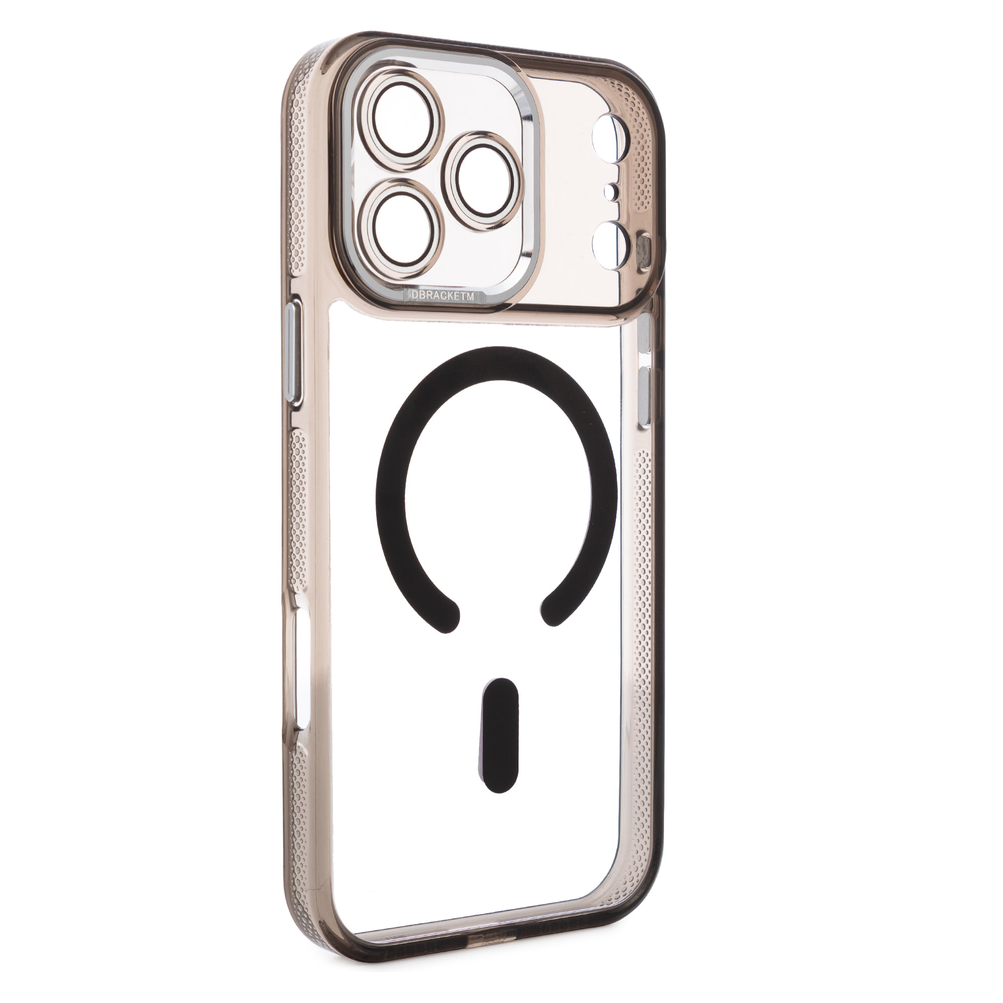 Carcasa transparente con cámara cubierta y bordes negros. Magsafe para iPhone 17 Pro Max.