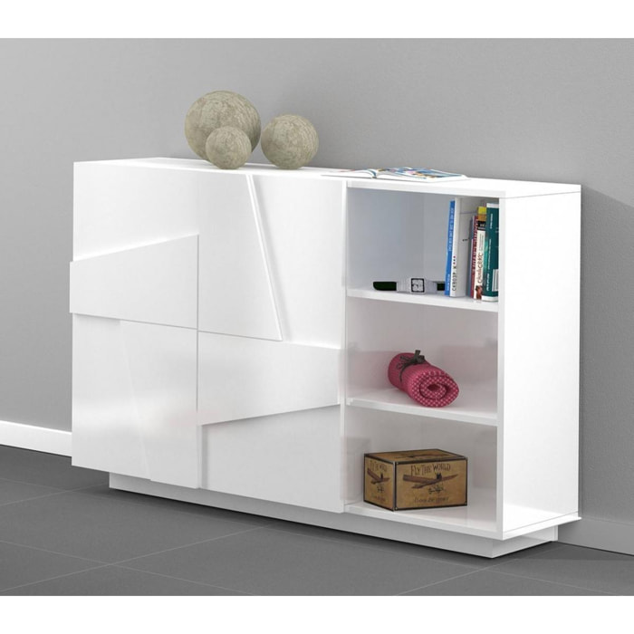 Mobile da ingresso a 2 ante e scaffali aperti, Made in Italy, Entratina moderna, Credenza per atrio, cm 121x38h86, colore Bianco lucido