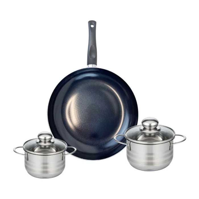 Ensemble de 1 Poêle de cuisson 32 cm et 2 faitouts 14 et 16 cm Elo Prima Brillant