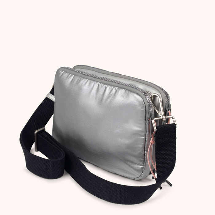 Bolso Bandolera Doble Metalizado en Poliamida Reciclada DEEP RECYCLED CROSSBODY DOUBLE PLATA