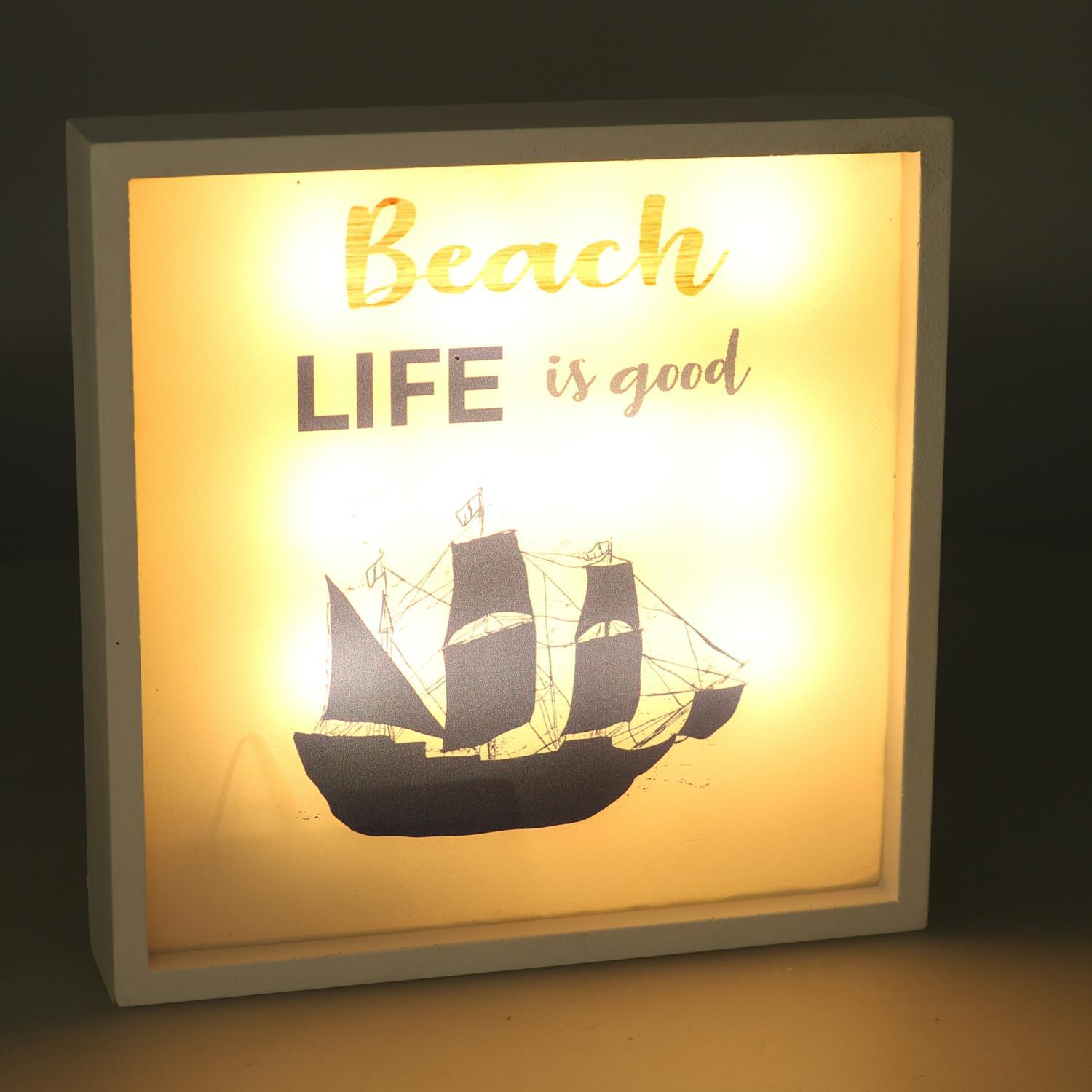 Quadro in legno bianco con led e barca quadrato cm20x20x4,5