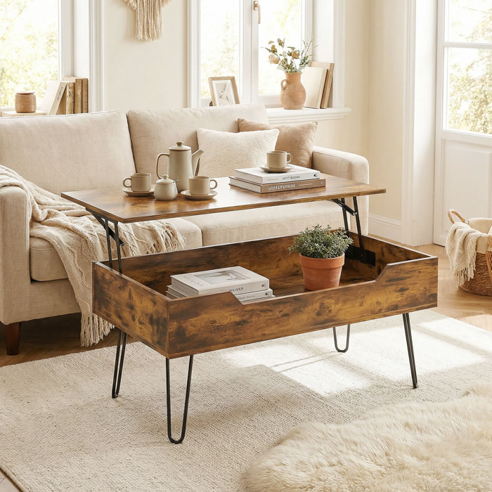 Mesa de Centro Elevable, Mesa de Café para Salón con Compartimento Oculto, Patas de Acero para Sala de Estar, Comedor, 95x50x40 cm, Marrón Rústico