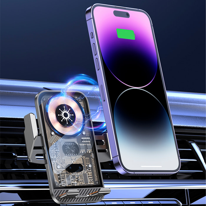 Caricabatteria da auto Qi 15W C10 con rotazione di 360°. Per l'aspirazione dell'aria. Apertura automatica.